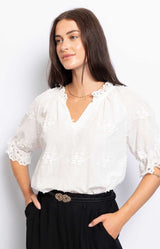 DELICATE WHITE COTTON BLOUSE EMBROIDERY LACE DETAILS FRENCH FASHION - VOLANGE PARIS