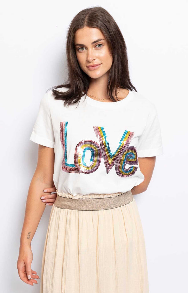 SEQUIN EMBROIDERY LOVE RAINBOW FLAG T-SHIRT COTTON FRENCH FASHION - VOLANGE PARIS