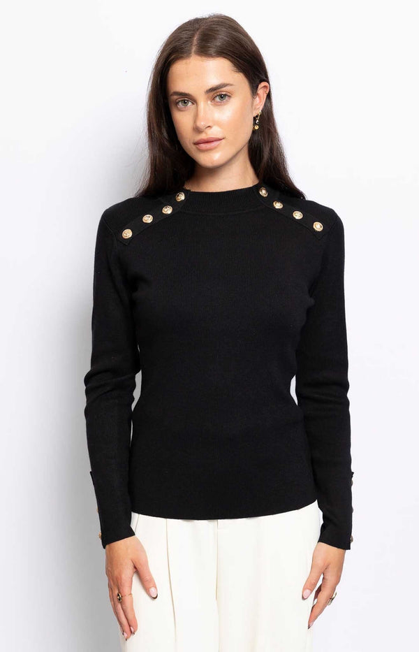 ELEGANT BLACK JUMPER GOLD BUTTONS DETAIL FASHION - VOLANGE PARIS 