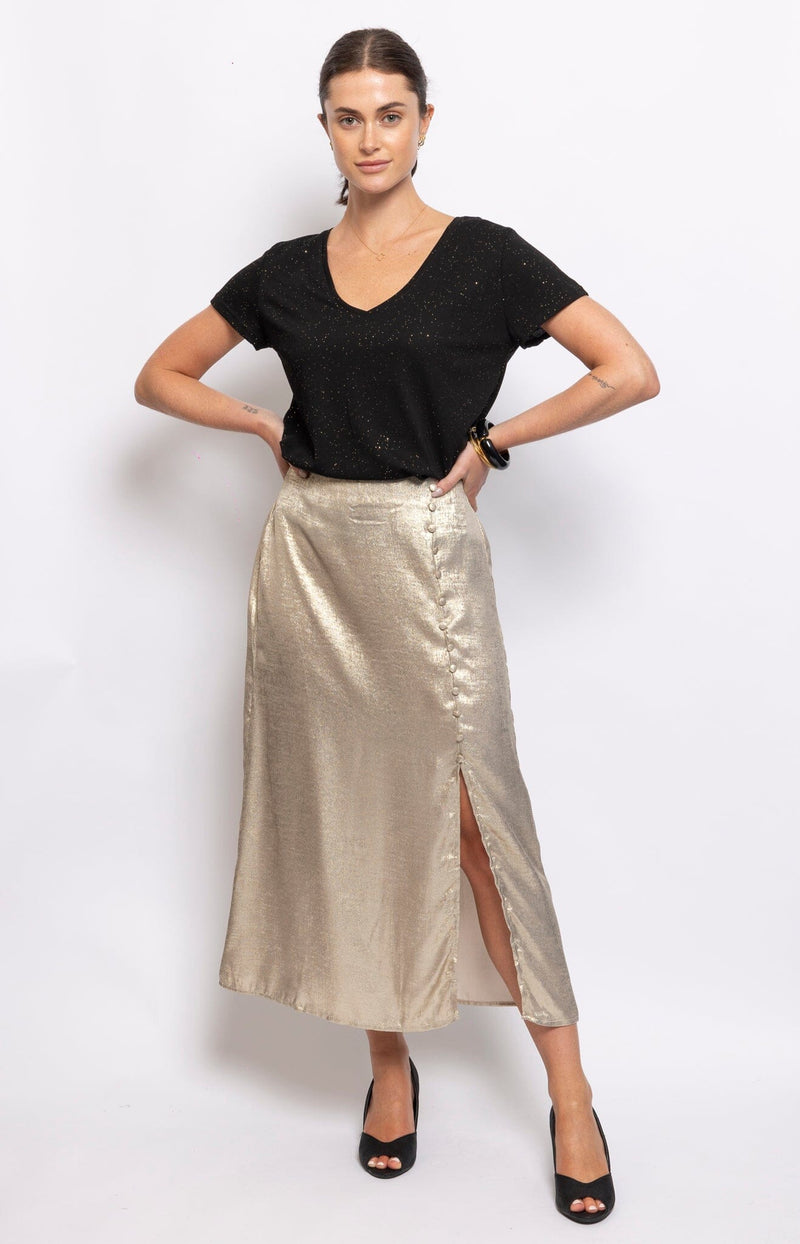 STUNNING GOLD MIDI SKIRT ELASTIC WAIST FRENCH FASHION - VOLANGE PARIS