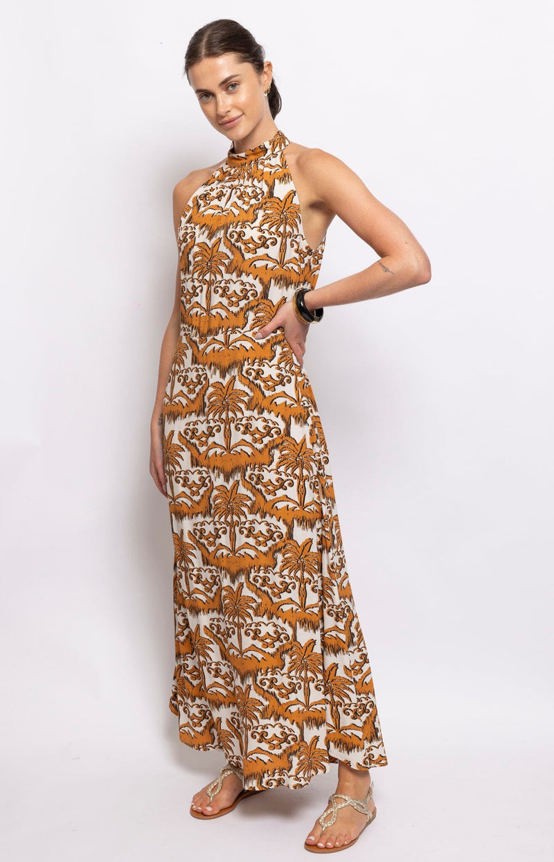 HALTERNECK MAXI DRESS CARAMEL CREAM TONES FRENCH FASHION - VOLANGE PARIS