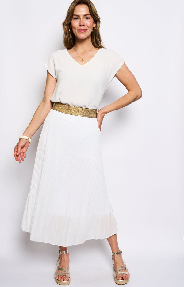 CHIC MIDI  PLEATED SKIRT WHITE WITH GOLD ELASTIC WAIST BAND FRENCH FASHION - VOLANGE PARIS