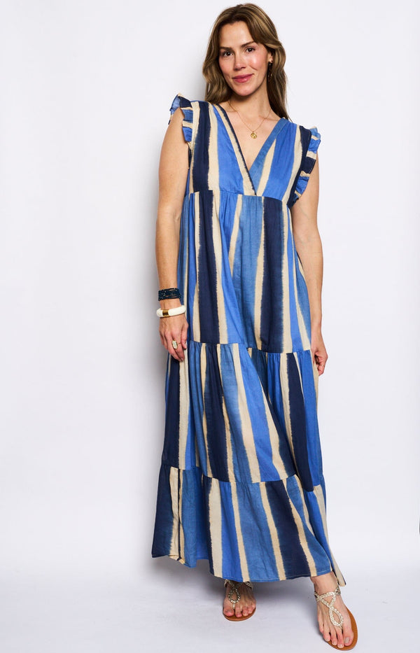 100% COTTON SUMMER MAXI DRESS PATTERN BLUE FRILLS ON SHOULDERS FRENCH FASHION - VOLANGE PARIS