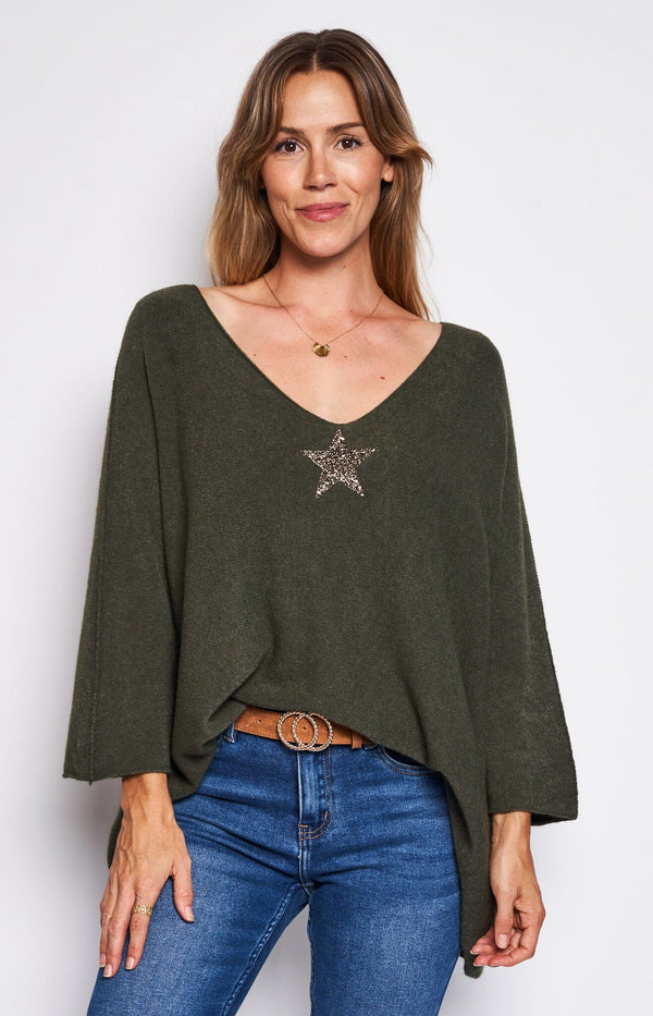 Oversize cosy jumper silver star army green french fashion - volange paris