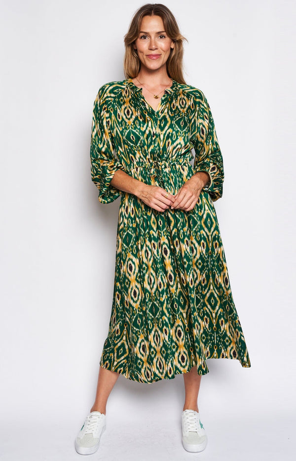 midi length long sleeve dress v-neck green pattern french fashion - volange paris