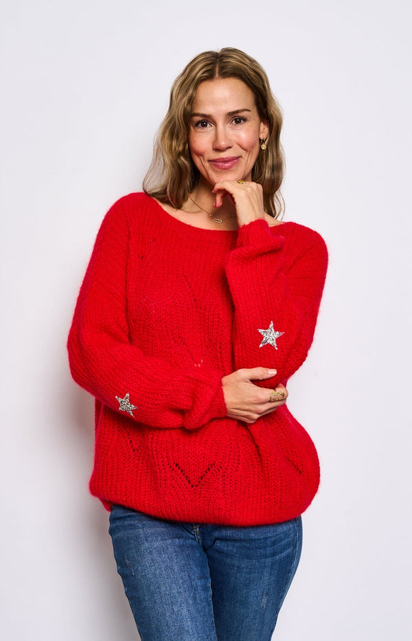woolen jumper boat neck lace style knit silver star detail on elbows french fashion - volange paris