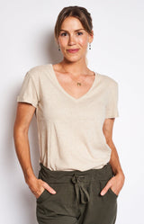 V NECK T-SHIRT BEIGE SPARKLE - VOLANGE PARIS